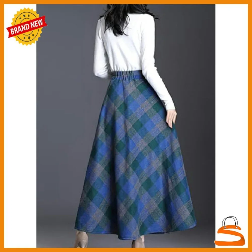 Wool Plaid Maxi Skirt High Waist A-Line Pleated with Pockets - Picture 5 of 6